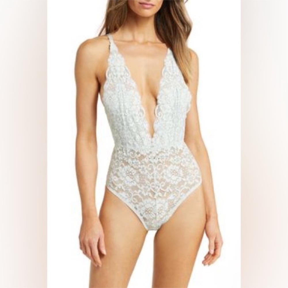 NEW We Are HAH Something Blue Comin’ In HAHt Lace Deep V Bodysuit